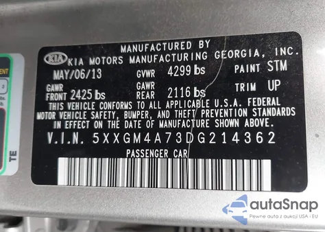 2013 Kia Optima Lx z USA, uszkodzony, nr VIN 5XXGM4A73DG214362